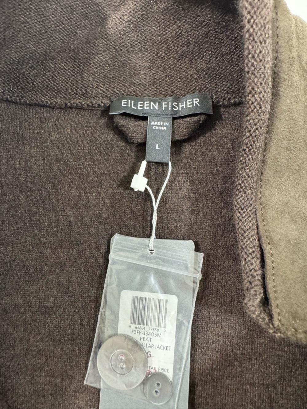 New Eileen Fisher Notch Collar Jacket Blazer Merino Wool Lamb Leather Peat Brown - Picture 3 of 8